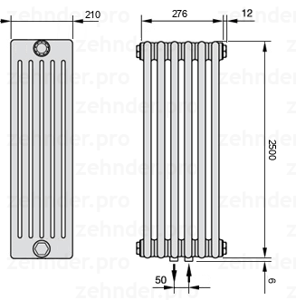 Схема (чертеж) Радиатор Zehnder Charleston 6250/6 №5410 Белый глянцевый RAL 9016